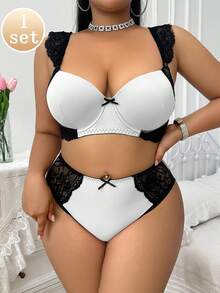 SHEIN 2件套加大码蕾丝拼布钢圈文胸套装 - 黑與白 - 查看 3