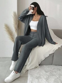 EURMUSE Women's Solid Button Front Cardigan And Wide Leg Knit Pants Set - Dark Grey - View 7