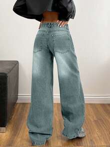 SHEIN Cottnline Low Waist Wash Detailed Wideleg Jean - Light Wash - View 2