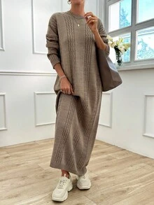 EURMUSE Cable Pattern Sweater Dress - Mocha Brown - View 7