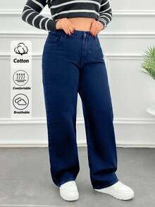 EURMUSE Jeans dritti a vita alta taglia curvy, modello rilassato - Blu lavato scuro - Visualizzare 1
