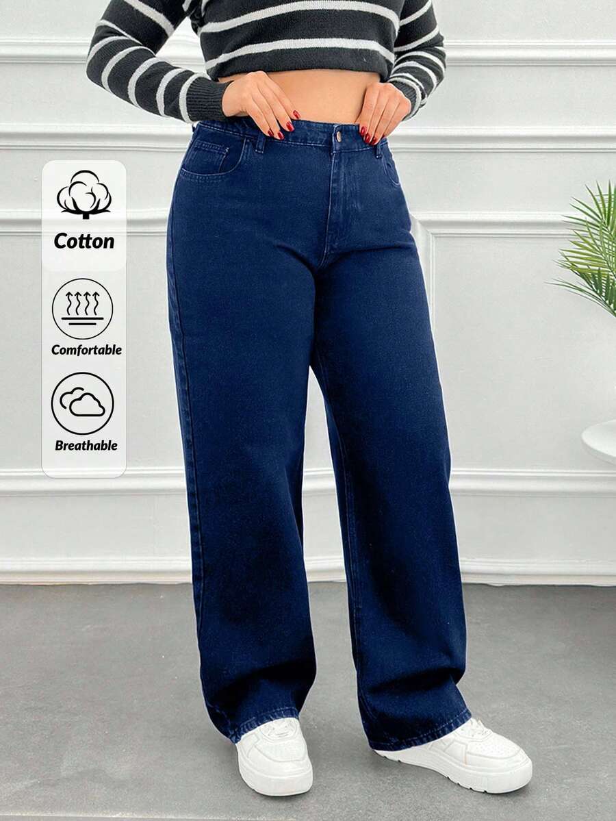 EURMUSE Jeans dritti a vita alta taglia curvy, modello rilassato - Blu lavato scuro - Visualizzare 1