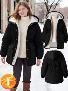 SHEIN 女童秋冬派克大衣，长款连帽风衣，大口袋，腰部抽绳，休闲通勤外套