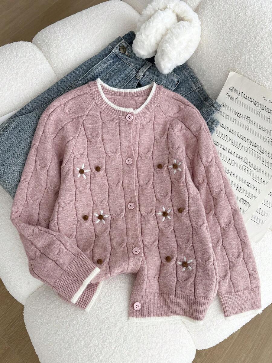 Tween Mädchen Cardigan mit Raglanärmeln, Blumenstickerei und Zopfmuster, lässiger Alltagsartikel für den Herbst