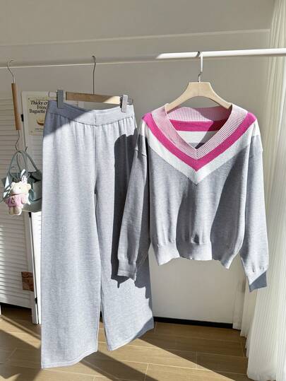 Sparklyn 少女 V 领撞色长袖毛衣和松紧腰裤毛衣套装