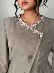 Elenzga 2pcs Plus Size Women Elegant Shell Ribbon Decor Round Neck Button Long Sleeve Jacket And Straight Leg Casual Pants Set - Khaki - View 7
