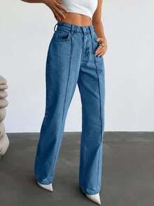 EURMUSE 女士高腰直筒牛仔裤 - 中等水洗藍 - 查看 6