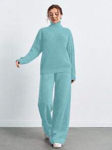 SHEIN Tall 高領落肩袖毛衣褲子套裝，女款套裝，小碼套裝，套裝，小碼，冬季衣物，高個子女性 - 薄荷綠 - 查看 4