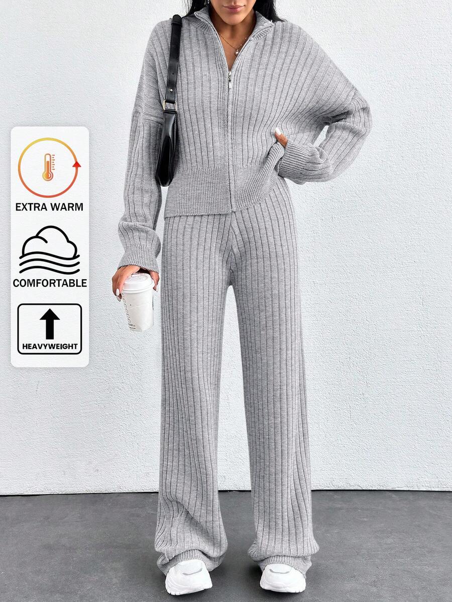 EURMUSE Cardigan com zíper e ombros caídos e calças de malha - Cinza claro - Ver 1