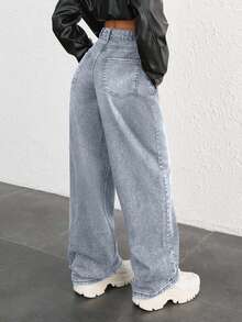 EURMUSE 100% COTTON HIGH WAIST BUTTON DETAILED WIDE LEG JEAN - Baby Blue - View 2