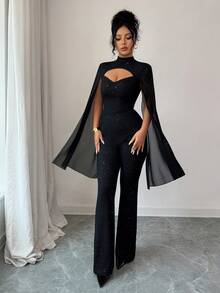 SHEIN Elenzya Women's Glittery Cape Sleeve Fashionable Black Jumpsuit - Black - View 4
