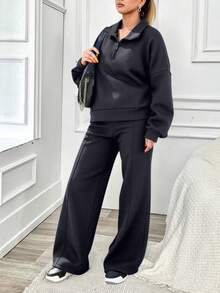 SHEIN Cottnline 100%Cotton Plus Half Zip Drop Shoulder Sweatshirt & Sweatpants - Dark Grey - View 3