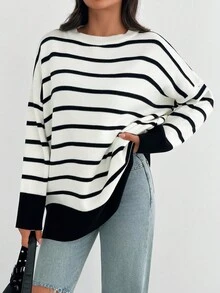 SHEIN Tall 女式黑白休闲毛衣，日常穿着，秋季，冬季 - 黑與白 - 查看 5