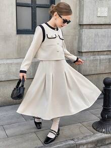 青少年女孩休闲通勤学院风撞色滚边翻盖口袋夹克和褶皱裙套装，春秋季 - 卡其色 - 查看 1