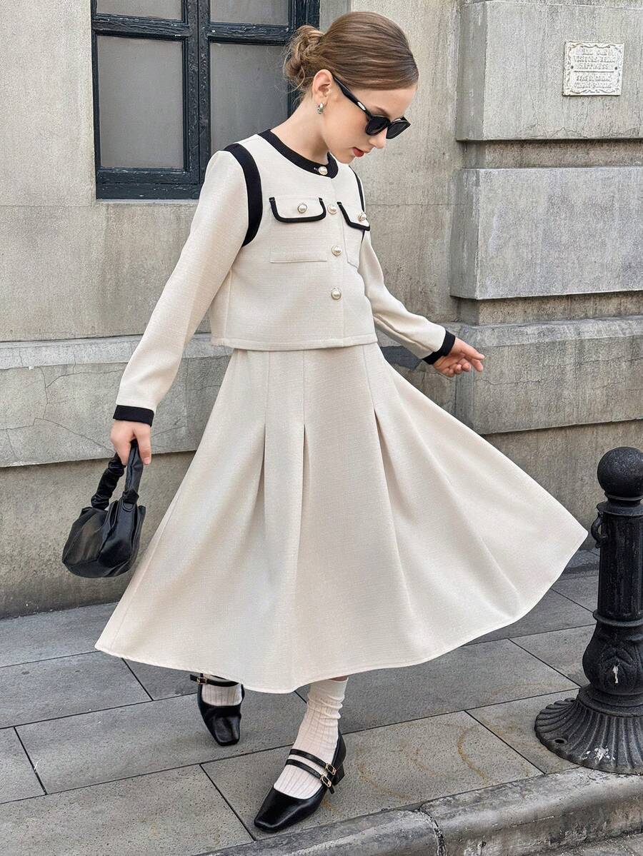 青少年女孩休闲通勤学院风撞色滚边翻盖口袋夹克和褶皱裙套装，春秋季 - 卡其色 - 查看 1