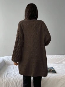 EURMUSE Dual Pocket Drop Shoulder Open Front Cardigan - 棕色 - 查看 2