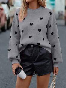 EMERY ROSE Women's Autumn/Winter Fashion Drop Shoulder Long Sleeve Heart Pattern Sweater - Grey - View 4