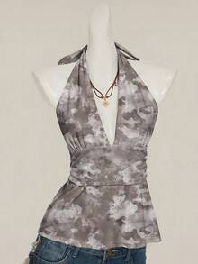 SHEIN ICON Halter Deep V-Neck Cinched Waist A-Line Backless Vintage Camo Tie-Dye Print Chic Y2K Camisole