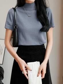 Almamuse 女士休闲日常通勤简约纯色高领短袖宽松针织上衣，秋冬 - 灰色 - 查看 4