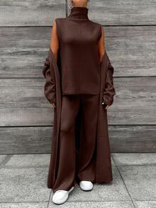 EURMUSE 2pcs Women Solid Color Long Sleeve Minimalist Long Jacket Top & Pants Casual Set - Brown - View 4