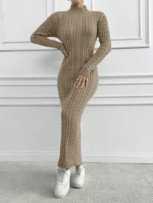 EURMUSE Women Cable Knit Sweater Dress And Cardigan Set, Casual Daily Wear Autumn/Winter - Camel - View 2