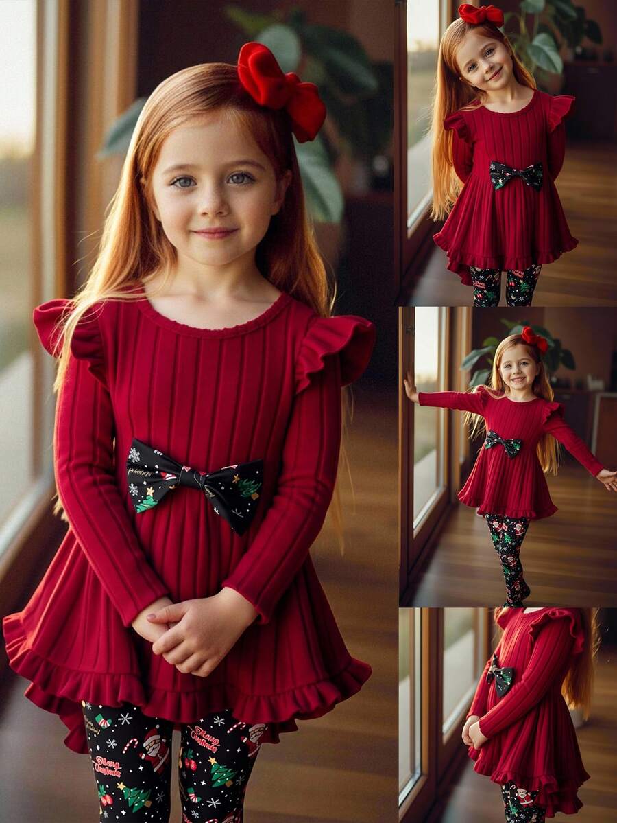 SHEIN 2 件套年轻女孩纯色针织圆领拼布圣诞图案蝴蝶结装饰上衣和圣诞树、圣诞老人、雪花、鹿印花裤，适合秋冬季圣诞派对、宴会、生日 - 紅色 - 查看 1