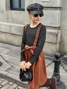 Váy da PU cổ tròn phối màu dệt kim gân MODELY cho bé gái, viền bèo nhún và thắt lưng, phong cách quý cô thanh lịch, thích hợp mặc thường ngày và đi nghỉ, mùa xuân/thu - Màu nâu  Mocha - Xem 3