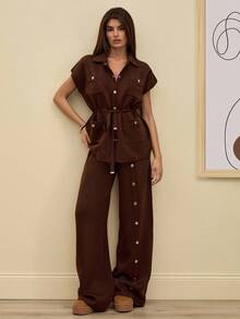 SHEIN Tall 2 Pcs Button Detail Sweater Pant+ Belted Sweater - Brown - View 3