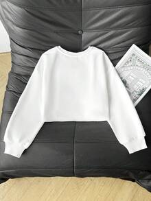 SHEIN 少女深白色短款卫衣，高腰长袖休闲简约纯色卫衣，适合日常休闲穿着，秋冬季白色卫衣，少女可爱纯色卫衣，青少年卫衣，少女长袖短款卫衣，长袖卫衣，无图片 - 白色 - 查看 2