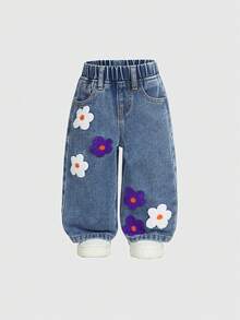 SHEIN Playful Pals Baby Girl Straight Leg Jeans, New Arrival For Autumn/Winter, Blue Denim Single Item, Cute Outdoor Casual Simple Design, Comfortable Home Wear, Colorful Floral Embroidery, Elastic Waist, Loose Fit, Daily, Vacation, Travel, Wardrobe Essential, Party, Fall Season New Release (Top Not Included) - Medium Wash - View 3