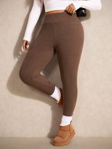Elaquor Plus Size Women Brown Casual Solid Color Elastic Knit Leggings, Brown Pants For Women, Versatile All-Match Pants For Autumn/Winter - Apricot - View 3