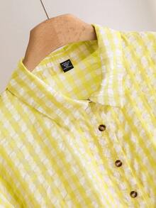 CosyJoli Plus Size Plaid Front Button Ruffle Lantern Sleeve Fashion Shirt Butter Yellow - Light Yellow - View 3