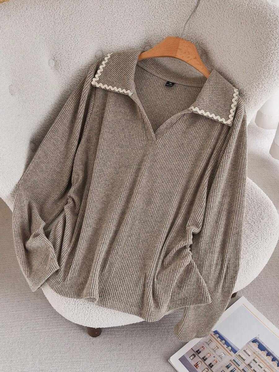 CosyJoli Plus Size Casual Lace Patchwork Polo Collar Ruched Side Seam Ribbed Texture Knit Pullover T-Shirt - Apricot - View 1