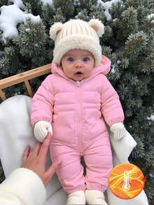 SHEIN Baby Girls' Casual Cute Hooded Zip-Up Long Sleeve Jumpsuit With Thermal Lined, Winter