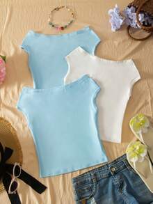 Set de 3 camisetas ajustadas de hombros descubiertos para niñas, estilo vacacional, multicolor - Multicolor - Ver 2