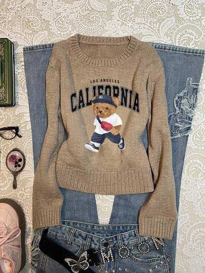 SHEIN EZwear Women's Crew Neck Long Sleeve Cute Bear & English Letter Print Sweater, Suitable For Autumn/Winter, Street Style, Chic, Y2K