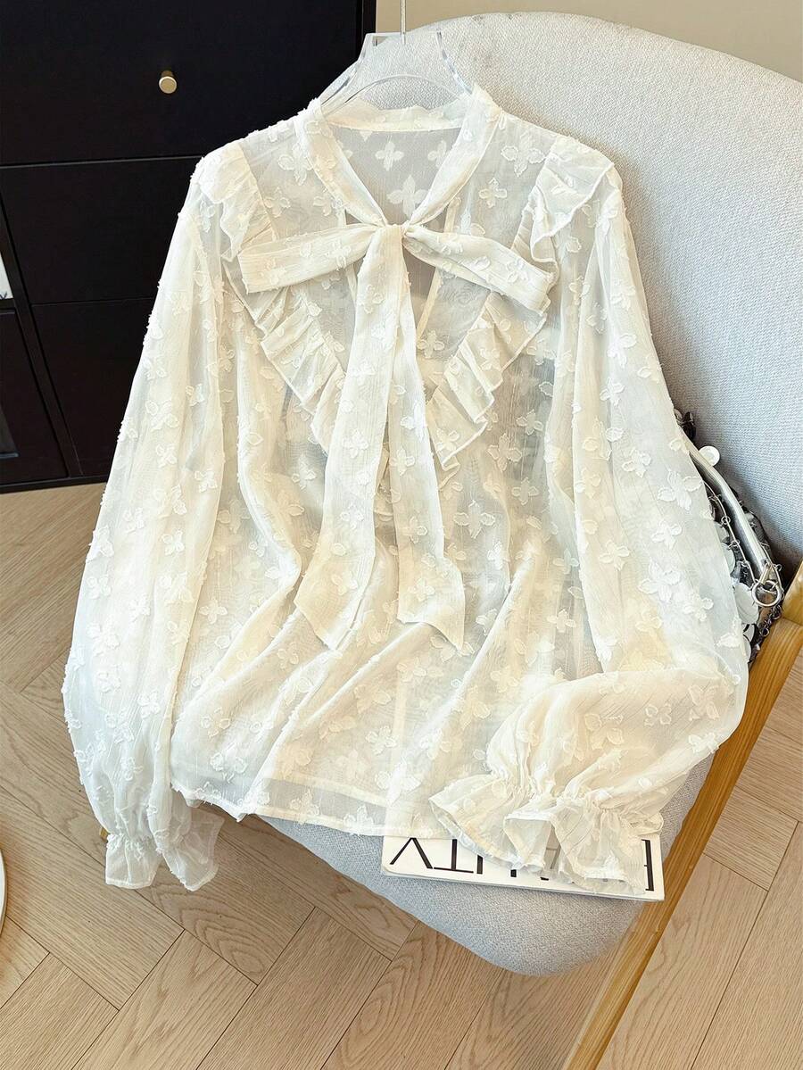 GlowEve CURVE Plus Size Women's Elegant White Summer Bridal Blouse,Chiffon Textured Bow V-Neck Pearl Frill Trim Long Sleeve,Versatile For Tea Party,Wedding & Dates - Apricot - View 1