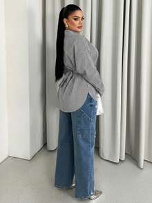 Sirith Women's Striped Minimalist Long Sleeve Shirt, Casual Everyday Wear - Black - View 3