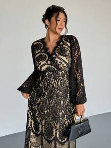 Firerie Plus Size Elegant Casual Lace Patchwork Elastic Long Sleeve Midi Dress, Suitable For Office, Resort Wear Spring - Black - View 5