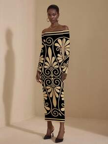 JIAN  LASALA Jian Lasala Floral Print Casual Elegant Dignified Minimalist Sexy Women's High Stretch Fitted Long Sleeve Off Shoulder Midi Dress, Suitable For Daily, Work, Outing, Travel, Date, Party, Christmas, Halloween In Autumn/Winter Bodycon Maxi Dress Women Graphic Dress Off-Shoulder Maxi Dress - Multicolor - View 5