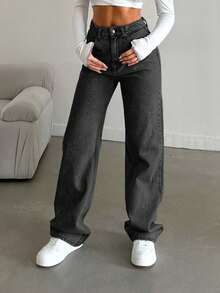 SHEIN Cottnline Snow Wash Straight Leg Jeans High Rise ,Petite Women - Dark Grey - View 5