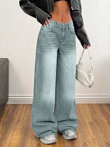 SHEIN Cottnline Low Waist Wash Detailed Wideleg Jean - Light Wash - View 5