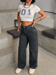 EURMUSE HIGH WAIST CASUAL STYLE DENIM STRAIGHT - Dark Grey - View 3
