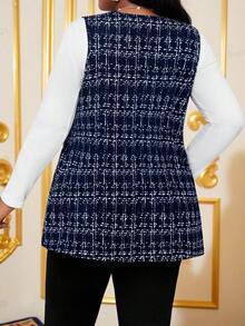 SHEIN Lady 2025新款海军蓝加大码复古休闲格子开襟无袖外套，秋冬女装新年时尚系列 - 藏蓝色 - 查看 2