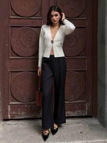 SHEIN Unity 女式休闲纯色直筒西装裤 - 黑色 - 查看 5
