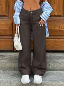 SHEIN Cottnline WOMEN LOOSE LOW WAIST WIDELEG EVERYDAY CASUAL JEAN - Brown - View 4