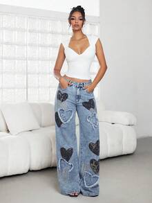 Jeanoix 女士低腰休闲牛仔裤，新款时尚小众心形刺绣印花直筒宽松裤，四季皆宜 - 中等水洗藍 - 查看 3