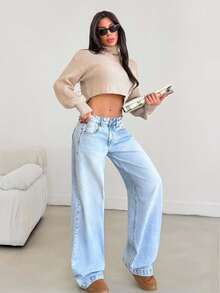 EURMUSE 90 年代风格淡蓝色高腰阔腿牛仔裤 - 中等水洗藍 - 查看 5