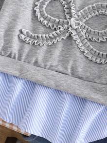 Girls Casual Versatile 2 In 1 Sweatshirt, With Blue & White Striped Shirt Collar, Cuffs And Hem, Black Letter Print Graphic On Chest, Suitable For Autumn/Winter Outings, Travel, Walking, School, Commuting, Can Be Paired With Jackets, Pants, Sweatpants - Grey - View 6