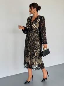 Firerie Plus Size Elegant Casual Lace Patchwork Elastic Long Sleeve Midi Dress, Suitable For Office, Resort Wear Spring - Black - View 6